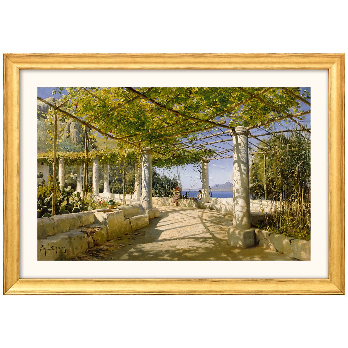 Gemälde »Pergola auf Capri mit Blick auf den Vesuv« (1889) von Peder Mork Mönsted, gerahmt in Massivholz. Es zeigt eine helle, von Rankengewächsen bedeckte Pergola mit Blick auf das blaue Meer und den Vesuv im Hintergrund. Sonniges Licht und klare Schatten bestimmen die Szene.