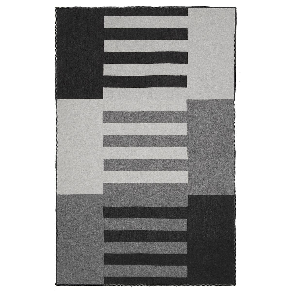 Hochwertige Kaschmirdecke in Anthrazit- und Grautönen mit modernem, geometrischem Muster aus vertikal angeordneten Rechtecken und Streifen. Die Decke wirkt besonders edel und ist sauber eingefasst, perfekt für stilvolle Wohnräume.