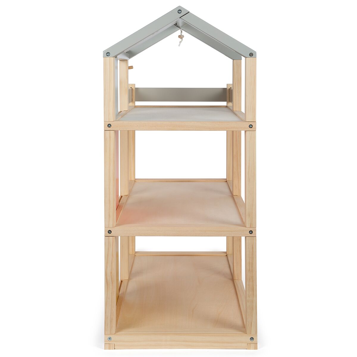 Holzpuppenhaus mit offenem Design und mehreren Etagen, ausgestattet mit einem grauen Dach und minimalistischen Möbelstücken, geeignet als Spielzeug für Kinder.