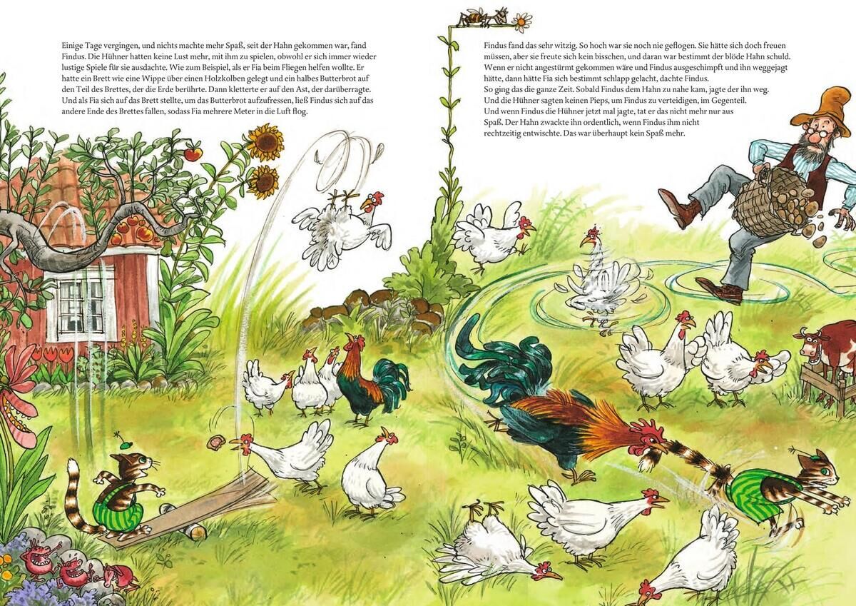 Illustration aus dem Buch 'Pettersson und Findus. Unsere schönsten Abenteuer' zeigt Hühner auf einem Bauernhof, Pettersson, der etwas trägt, und Findus in Aktion