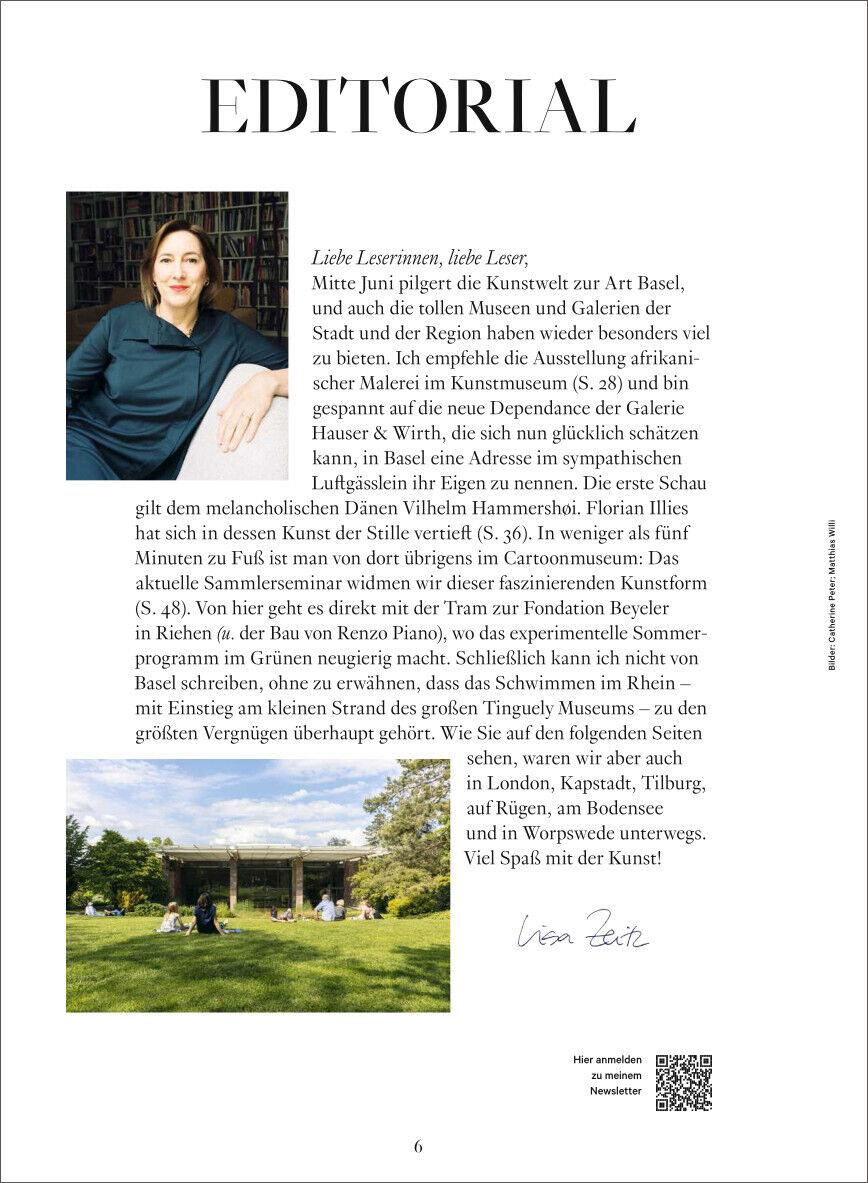 Eine Seite aus der Zeitschrift WELTKUNST, Ausgabe 227/24 Elton John. Oben steht groß 'EDITORIAL'. Darunter ist ein Text, der sich an die Leserinnen und Leser richtet. Auf der rechten Seite unten ist eine Unterschrift in blauer Handschrift sowie ein QR-Code zu sehen. Links befindet sich ein Foto von einer Person auf einer Wiese vor einem Gebäude.