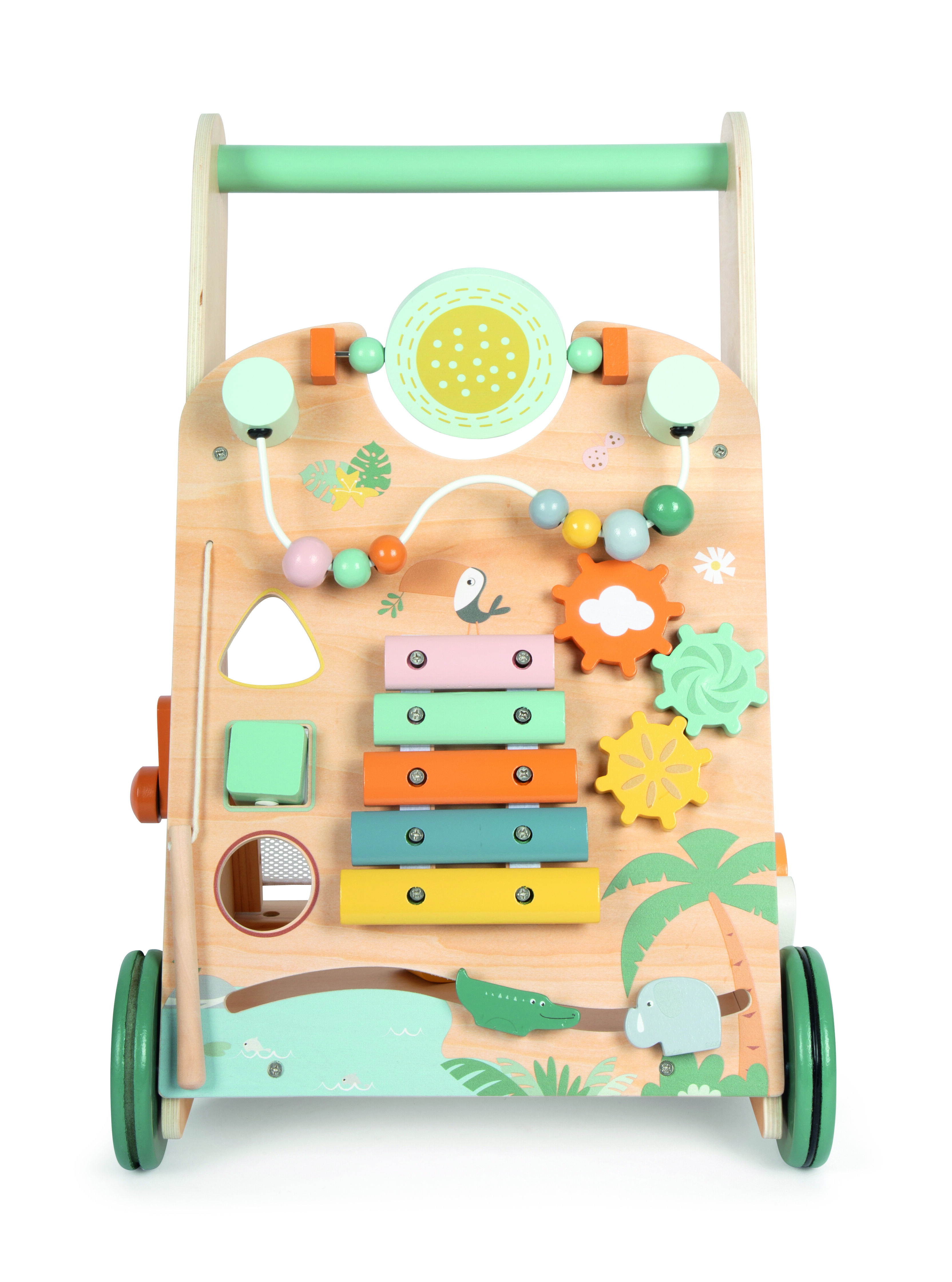Lauflernwagen aus Holz im Safari-Design, mit bunten Motorikspielzeugen, Zahnrädern, Xylophon, Perlen und verschiedenen Formen, hauptsächlich in natürlichen Holzfarben sowie grünen und pastellfarbenen Akzenten, geeignet für Kleinkinder ab 12 Monaten.