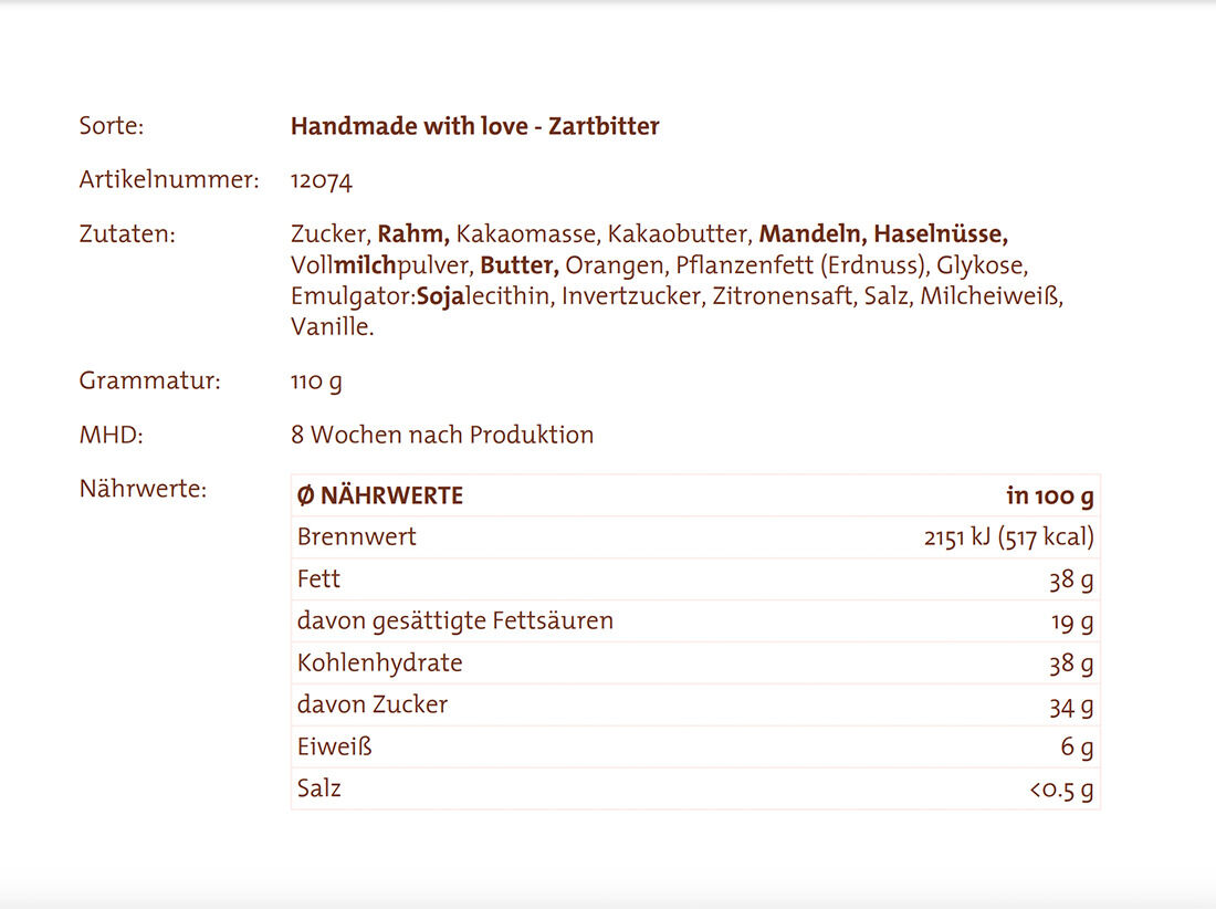 Die Genussbox »Von Herzen« ist eine handgemachte Zartbitterschokoladen-Delikatesse. Das Produkt enthält Zutaten wie Zucker, Kakaomasse, Kakaobutter, Mandeln und weitere Nüsse. Perfekt für Feinschmecker und Genießer als Geschenkidee für besondere Anlässe.