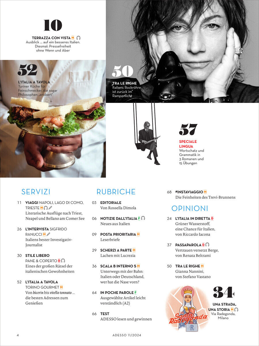 Cover des Adesso Magazins Ausgabe 11/2024 mit verschiedenen Artikeln, Bildern von einem Brot-Sandwich und einer Frau mit einem Mikrofon. Es enthält Abschnitte über Reisen, Lifestyle und kulturelle Reportagen.