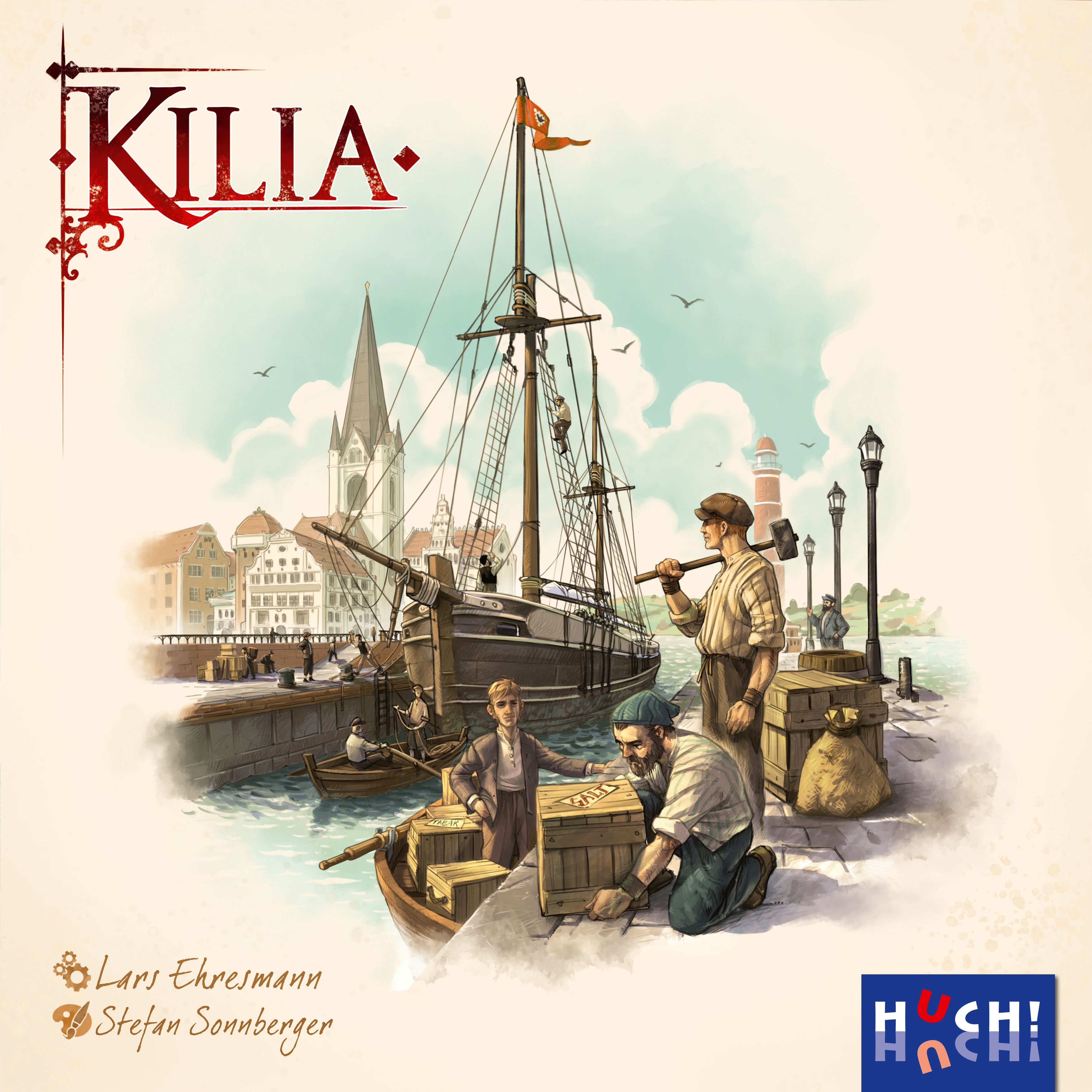 Illustration des Brettspiels »Kilia« mit einer historischen Hafenszene, mehreren arbeitenden Menschen, stapelnden Holzkisten, einem Segelschiff und Gebäuden im Hintergrund. Das Cover vermittelt ein strategisches, handelbezogenes Gesellschaftsspiel, gestaltet in warmen, dezenten Farbtönen.