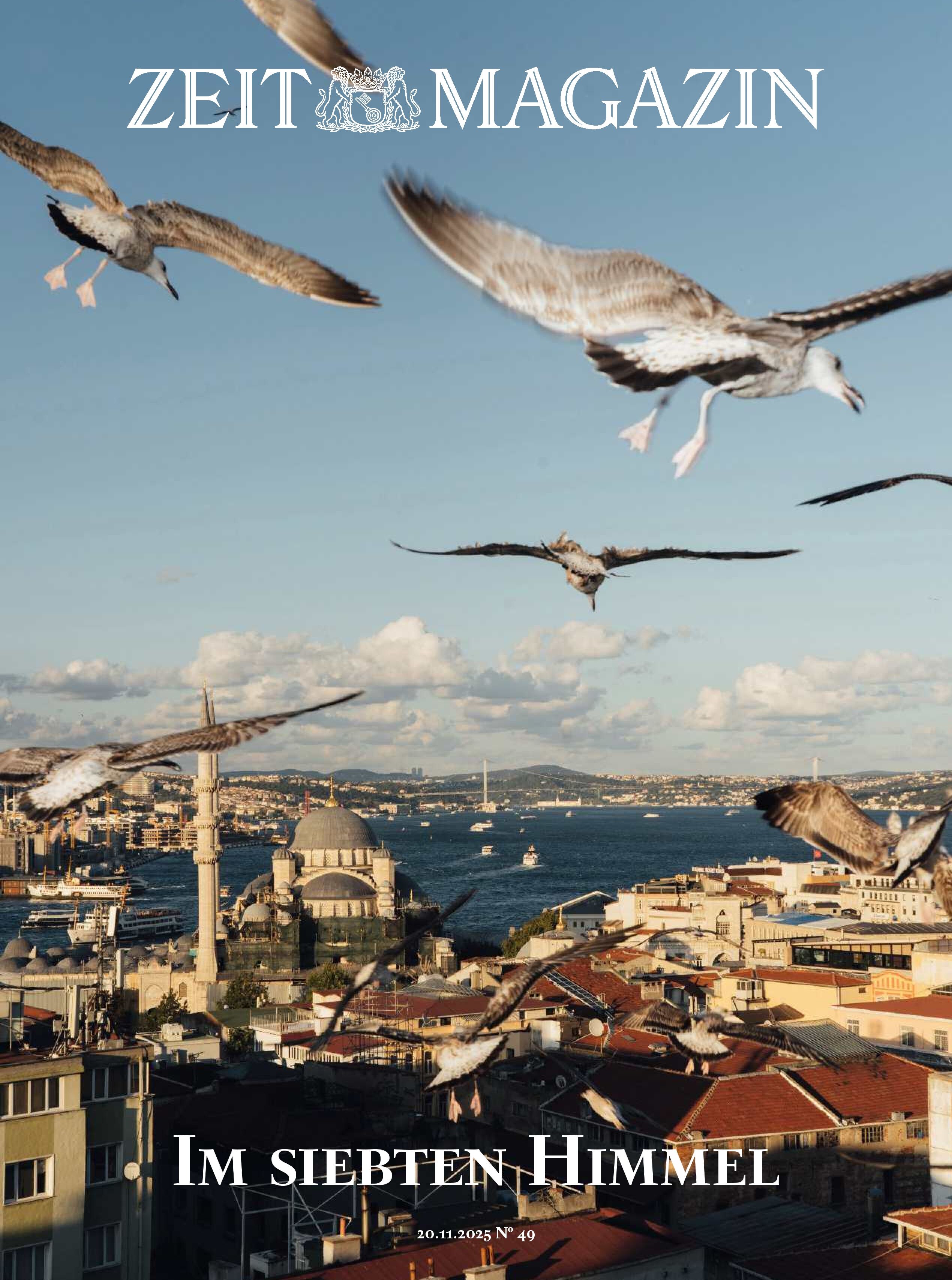 Auf dem Cover des ZEIT Magazins ist eine Panoramaansicht von Istanbul bei klarem Himmel zu sehen. Über der Stadt und dem Bosporus fliegen zahlreiche Möwen. Im Vordergrund erkennt man Dächer in warmen Farbtönen, im Hintergrund eine große Moschee sowie Wasser und weitere Stadtteile.
