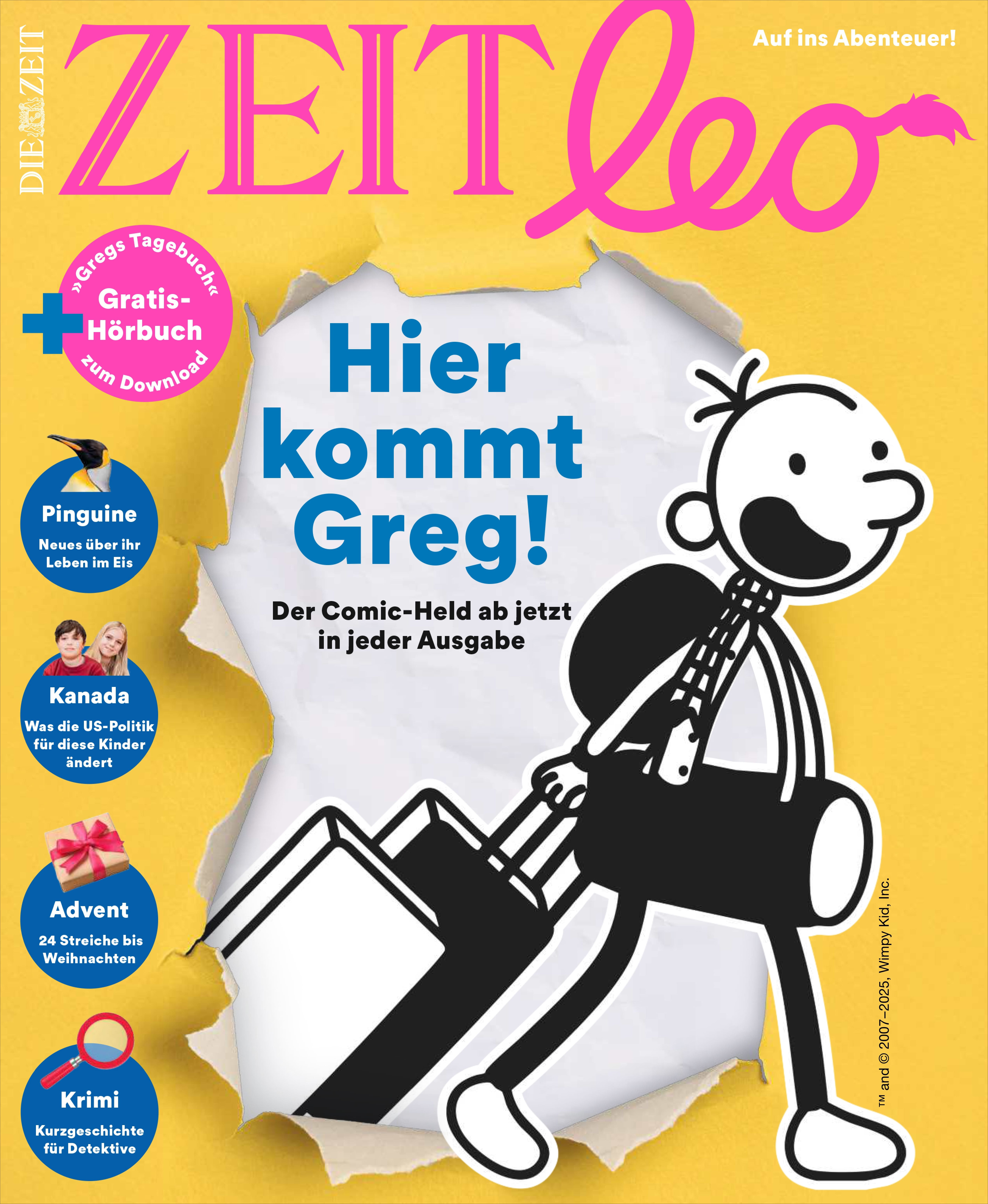 Cover des ZEIT LEO Magazins 6/25 mit dem Thema 'Hier kommt Greg!'. Im Mittelpunkt steht eine große Comicfigur, die durch ein weißes Papierloch schaut. Das Titelbild enthält einen auffälligen gelben Hintergrund und blaue sowie rosa Elemente. Hinweise auf Themen wie Pinguine, Kanada, Advent und Krimi sind ebenfalls abgebildet. Das Magazin richtet sich an Kinder und Familien, mit einem Fokus auf Abenteuer und Bildung.