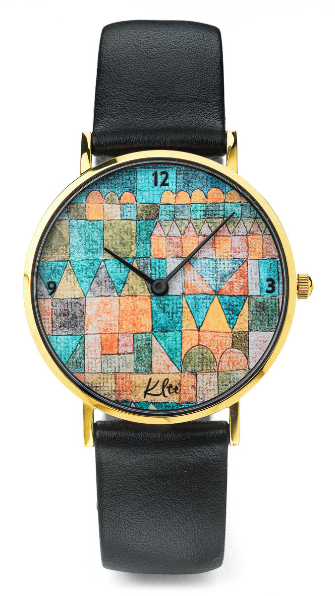 Eine künstlerische Armbanduhr mit dem Motiv 'Tempelviertel' nach Paul Klee. Die Uhr hat ein schwarzes Armband und einen goldenen Rahmen. Das Zifferblatt ist farbenfroh und zeigt ein geometrisches, buntes Design in verschiedenen Farben wie Grün, Rot, Orange, und Blau.