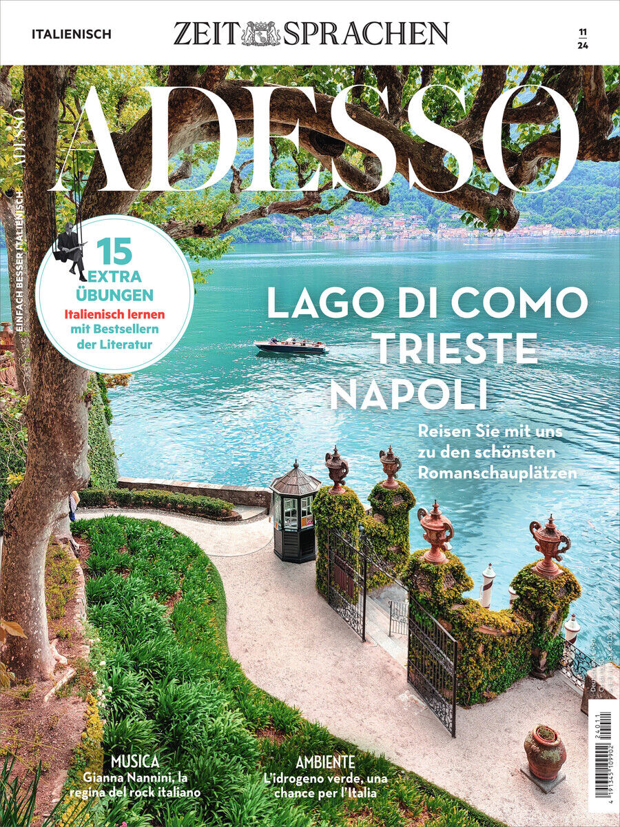 Titelblatt des Magazins Adesso Ausgabe November 2024. Zu sehen ist ein malerischer Garten am Lago di Como mit Blick auf den See. Die Schlagzeilen weisen auf Themen wie Trieste, romantische Literaturschauplätze, Musik und Ambiente hin.