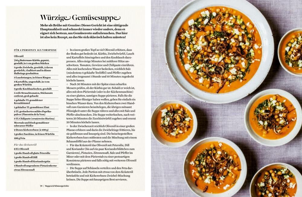 Das Bild zeigt eine Doppelseite aus dem Buch 'Persiana - 100 Rezepte aus den Küchen des Orients'. Links ist eine Rezeptseite für würzige Gemüsesuppe abgebildet. Rechts sind mehrere Schalen mit der fertigen Suppe, die orangefarbene Basis mit grünen und weißen Garnierungen hat, zu sehen.
