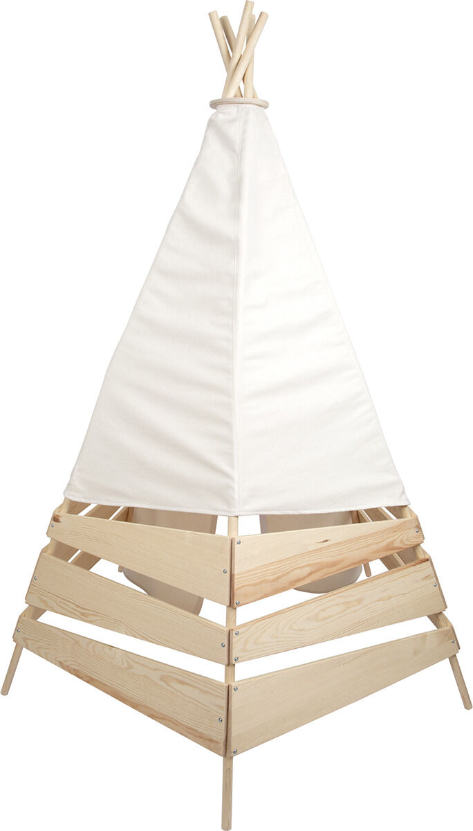 Ein Tipi Zelt mit einer weißen Plane und einer Struktur aus hellem Holz, geeignet für den Innen- und Außeneinsatz.