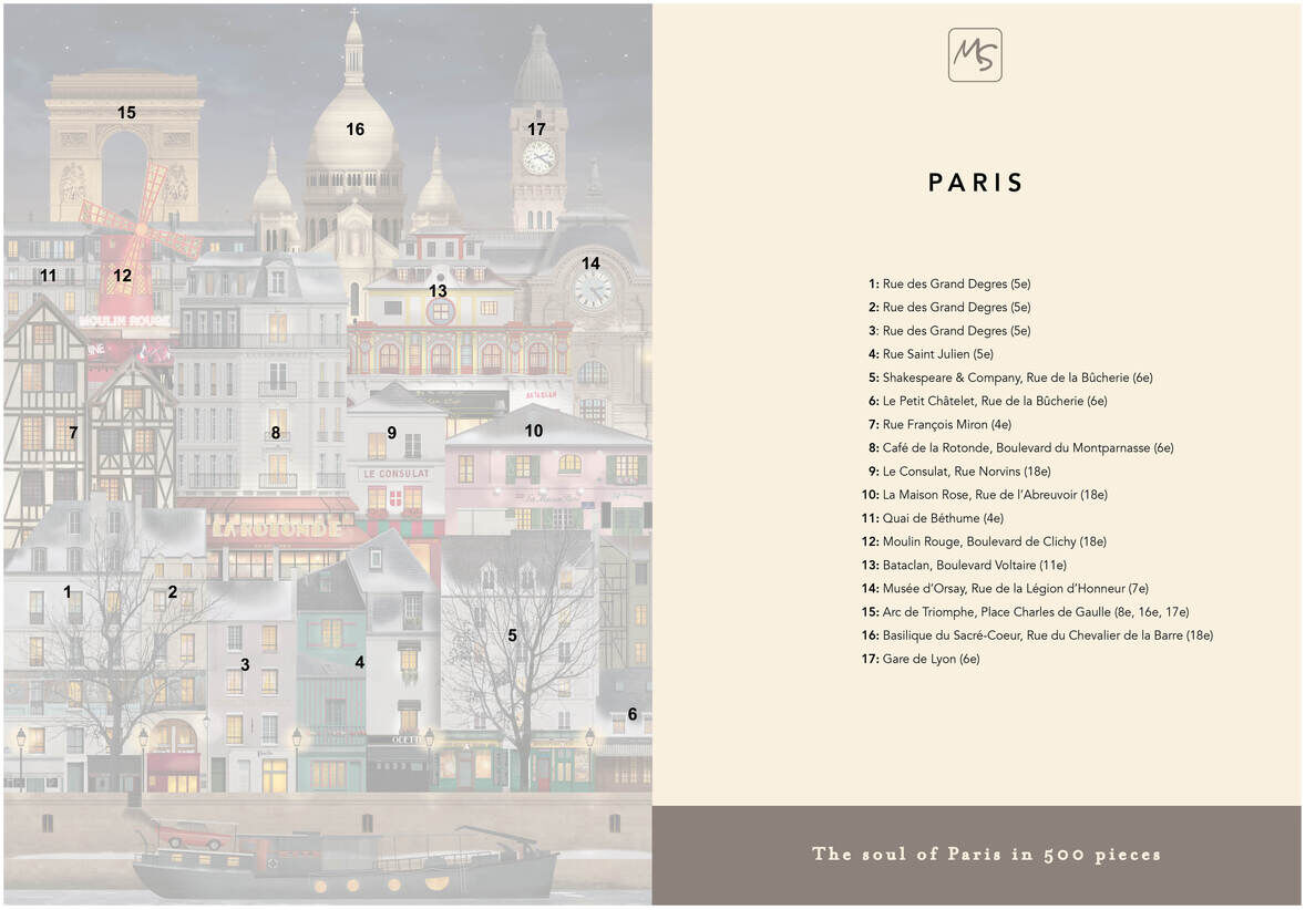 Ein farbenfrohes Puzzle mit dem Titel »Weihnachten in Paris«, das eine winterliche Stadtszene von Paris zeigt, inklusive verschneiten Gebäuden, Straßen und dem Eiffelturm im Hintergrund. Das Puzzle hat 500 Teile und eignet sich ideal als Weihnachtsgeschenk oder Dekoration.