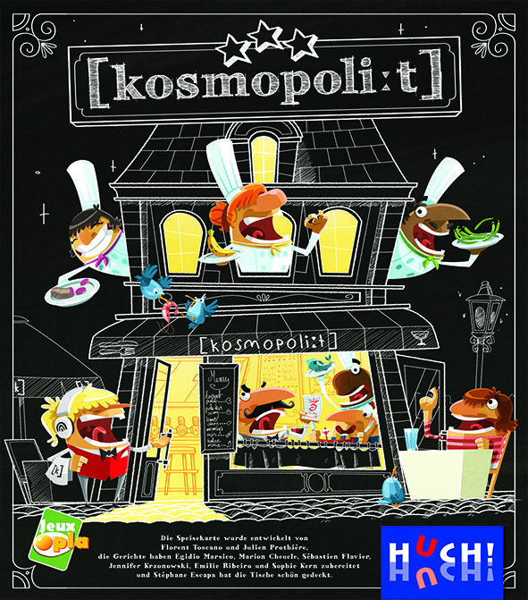 Die Abbildung zeigt die bunte und humorvolle Verpackung des Brettspiels »Kosmopoli:t«. Im Vordergrund ist ein von Comic-Figuren belebtes, internationales Restaurant auf schwarzem Hintergrund abgebildet. Gäste und Köche interagieren ausgelassen, während diverse Gerichte serviert werden. Das Cover vermittelt Teamgeist, kulturelle Vielfalt und Spaß am gemeinsamen Spielen.