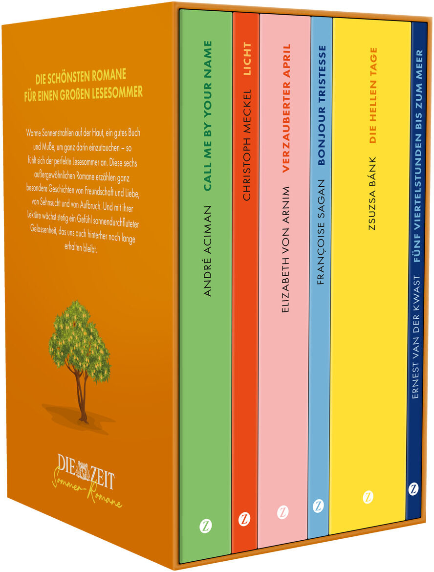 Die ZEIT-Edition »Sommer-Romane« ist ein Buchset mit sechs farbenfroh gestalteten Büchern. Die Vorderseite des Sets zeigt die Titel der enthaltenen Romane und abgebildet ist ein Baum auf einem orangefarbenen Hintergrund.