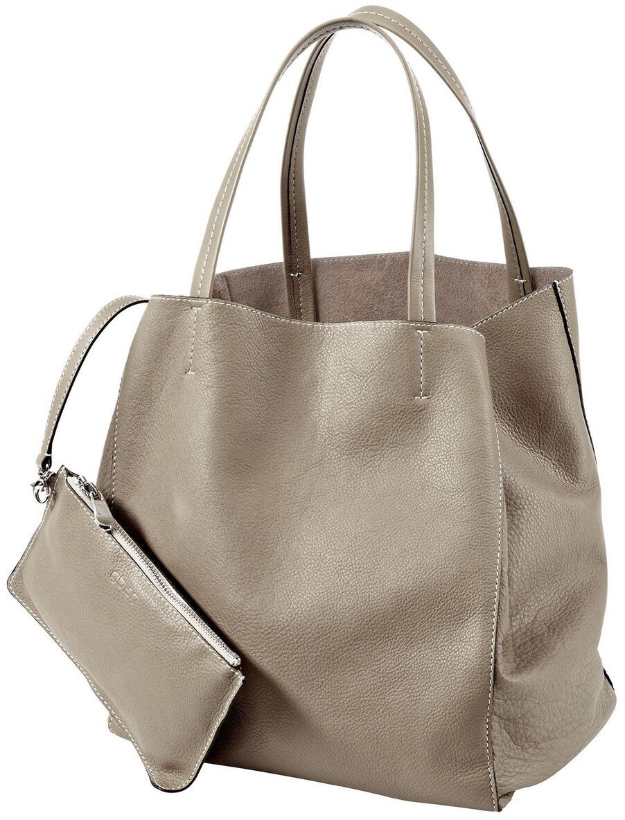 Eine beige Ledertasche von ZEIT-Tasche mit dem Namen »Cep«. Sie hat eine glatte Oberfläche und ein minimalistisches Design, begleitet von einem kleineren, passenden Reißverschlussbeutel. Perfekt für modebewusste Damen.