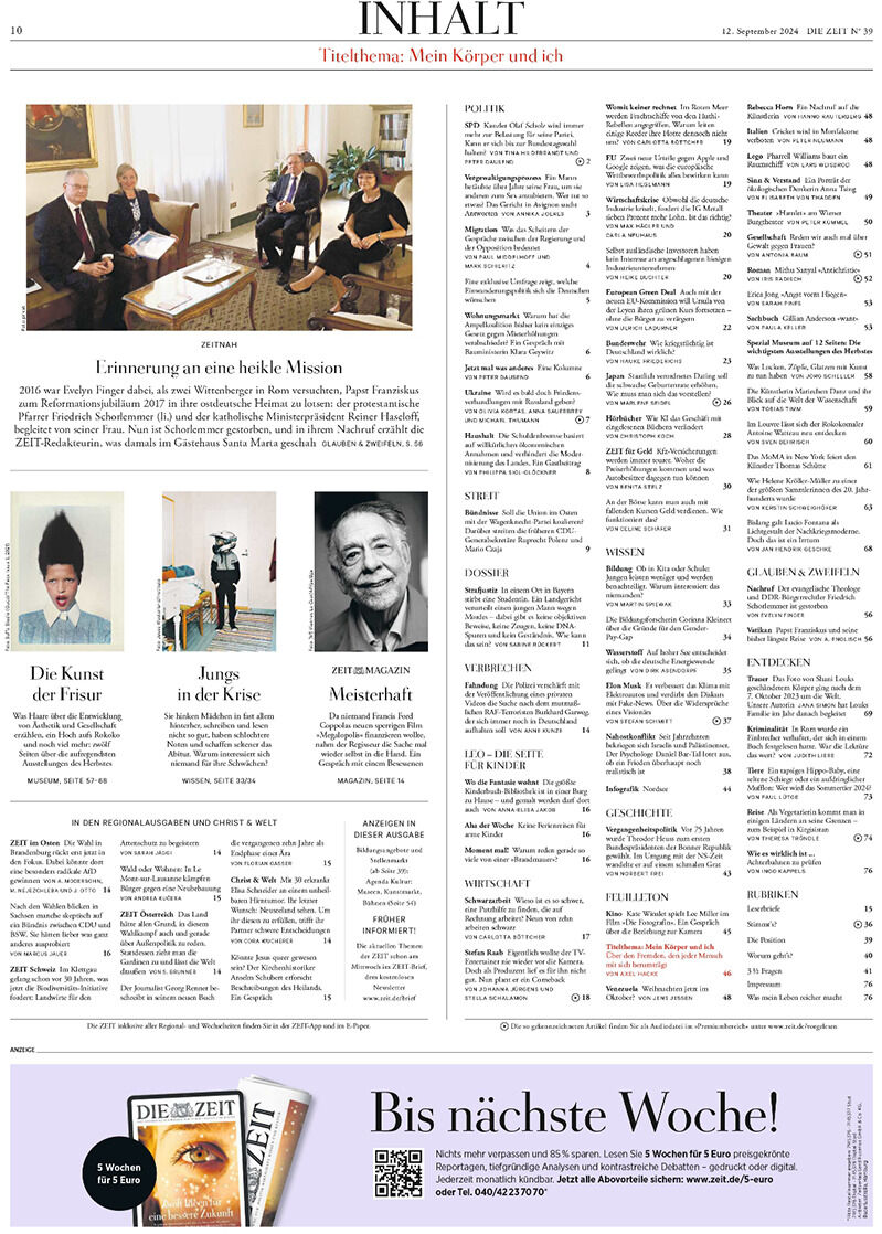 Vorschaubild der Zeitung DIE ZEIT Ausgabe 39/2024. Die Seite zeigt das Inhaltsverzeichnis der Zeitung mit Artikeln und Bildern, darunter ein Foto von mehreren Personen in einem formellen Setting und verschiedenen Bücherrezensionen. Unten rechts eine Werbeanzeige für das nächste Mal.