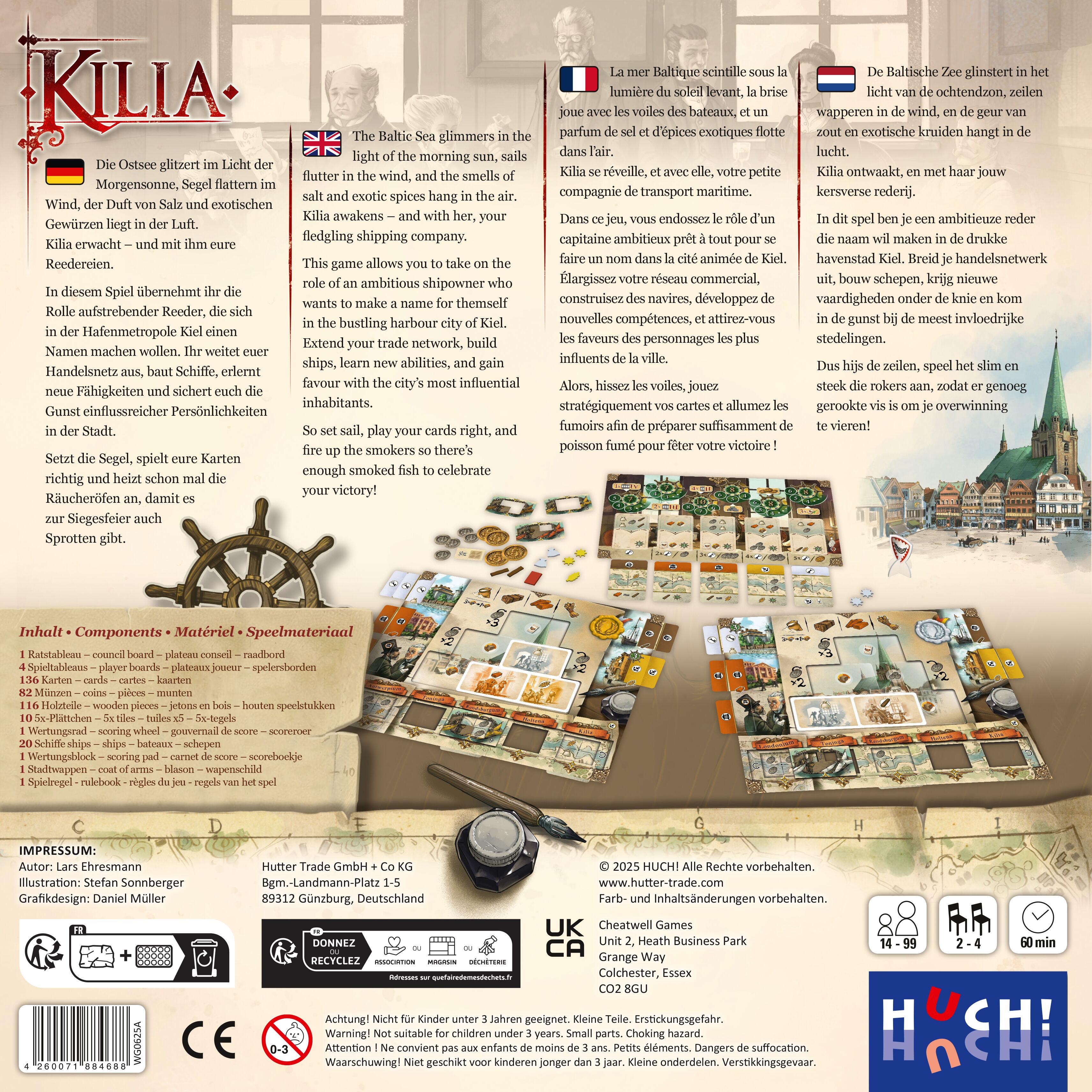 Rückseite der Brettspiel-Verpackung »Kilia« mit Abbildungen von Spielmaterial, Spielplan und Beschreibungen. Vordergrund zeigt verschiedene Karten, Plättchen und Spielfelder, Hintergrund enthält erklärenden Text und Logos der Hersteller. Das Design vermittelt einen historischen und mittelalterlichen Spielcharakter.