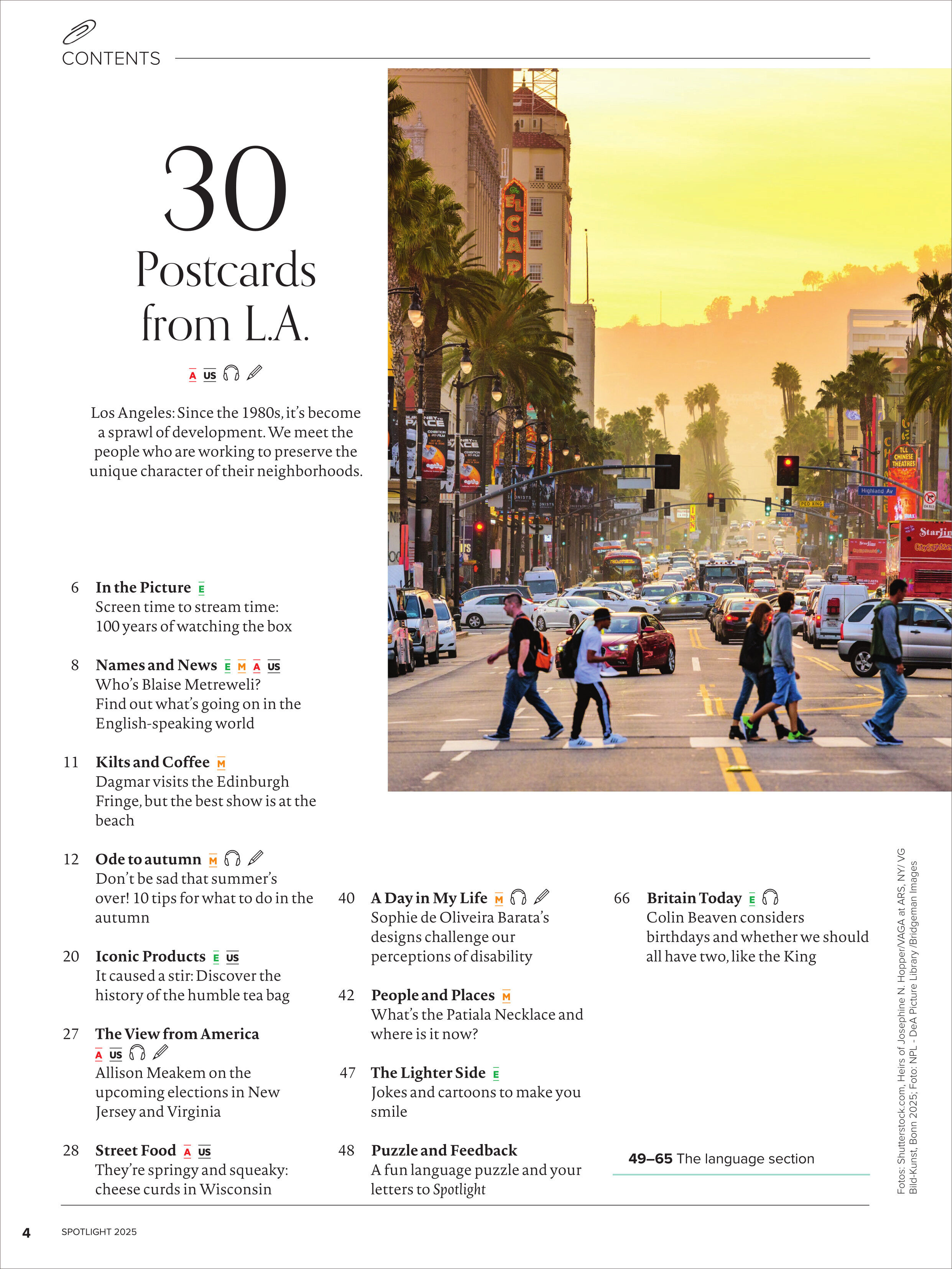 Das Cover des Spotlight Magazin 13/2025 zeigt eine belebte Straßenszene in Los Angeles mit vielen Menschen und Autos bei Sonnenuntergang. Im oberen Bereich steht der Titel '30 Postcards from L.A.' und das Magazin bietet verschiedene Artikel rund um die englische Sprache, Reisen und Kultur.