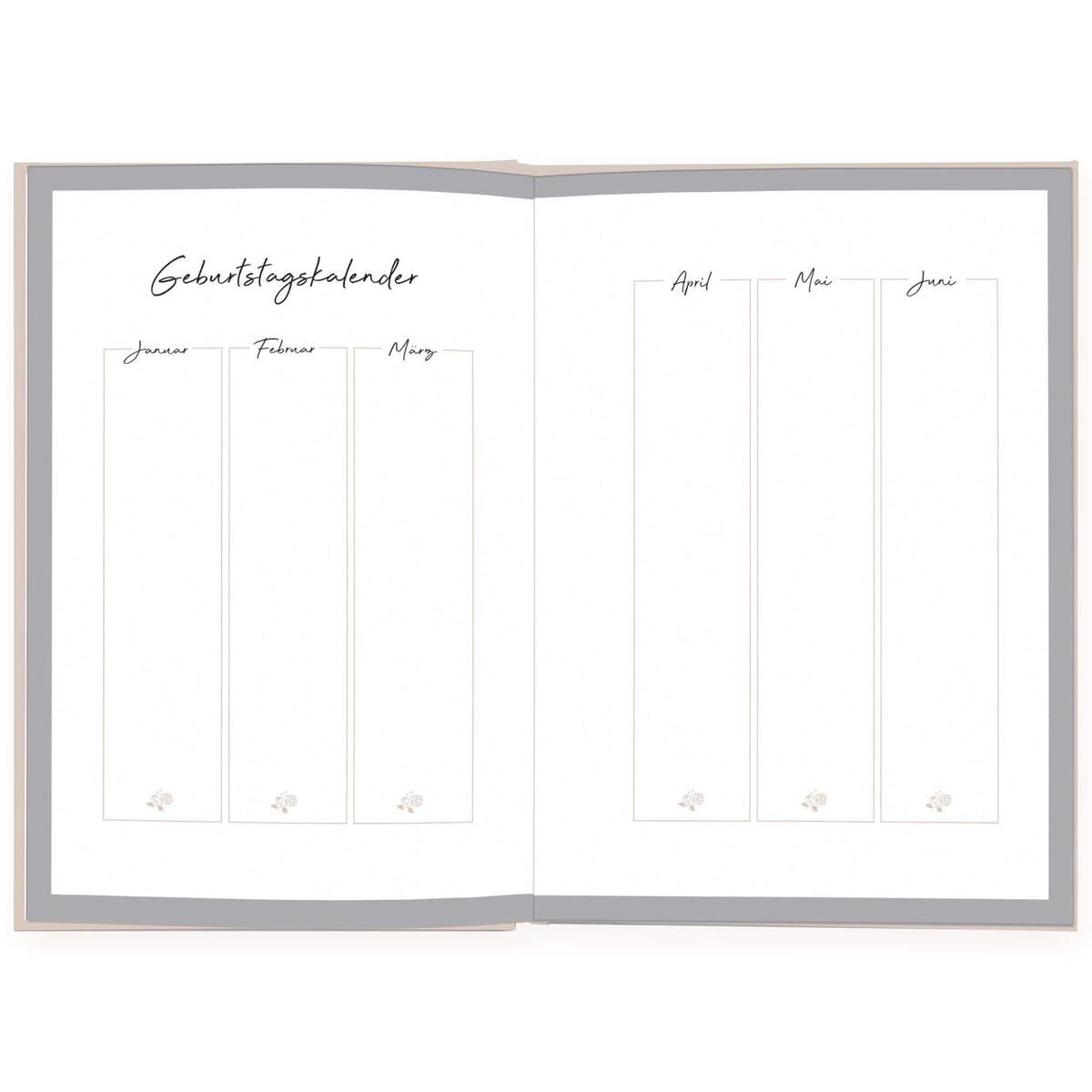 Offenes Freundschaftsbuch für Erwachsene mit einem Geburtstagskalender für die Monate Januar bis Juni, präsentiert auf zwei weißen Seiten mit grauem Rand und kleinen Blumenmotiven.