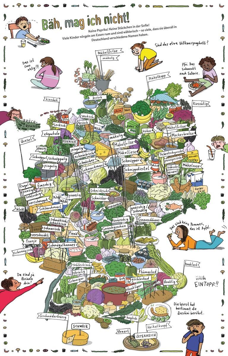 Eine illustrierte Landkarte von Deutschland, die verschiedene Orte, Personen und humorvolle Elemente zeigt. Die Karte ist bunt gestaltet, mit vorwiegend grünen, blauen und braunenfarbenen Akzenten. Oben befindet sich der Titel 'Bah, mag ich nicht!' und viele kleine Szenen von Menschen und Landschaften sind über die gesamte Karte verteilt.