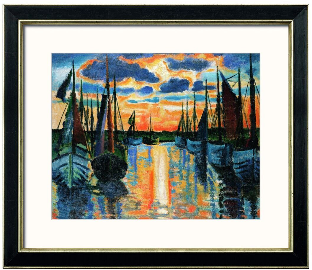 Gemälde von Max Pechstein mit dem Titel »Sonnenuntergang Leba Hafen« aus dem Jahr 1926. Das Bild zeigt einen farbenprächtigen Sonnenuntergang über einem Hafen mit vielen Segelbooten im Stil des Expressionismus. Dominante Farben sind Blau, Orange, Rot und Gelb. Es vermittelt eine maritime Abendstimmung.