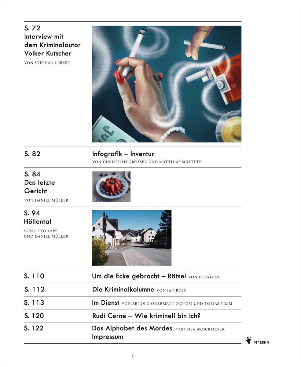 Titelseite des Magazins ZEIT VERBRECHEN 10/21, mit Artikeln über Verbrechen und Kriminalgeschichten. Oben links Bild einer Hand mit Zigarette und Pistole. Artikelüberschriften, Inhaltsverzeichnis und Bilder sind sichtbar.