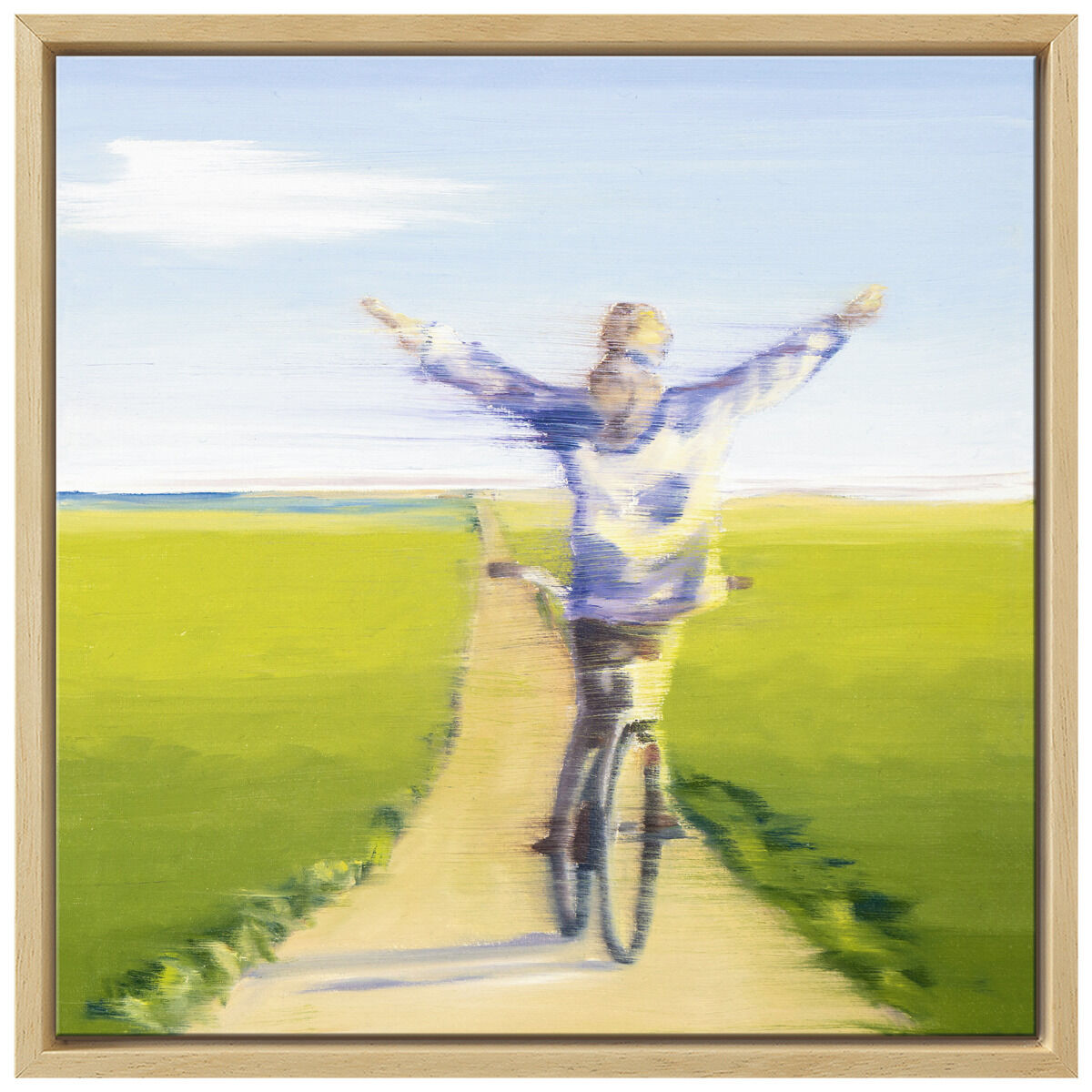 Ein Gemälde von Anja Struck aus der Serie 'Glücksmomente', das eine unscharfe Darstellung einer Person auf einem Fahrrad in einer grünen Landschaft zeigt. Der Himmel ist blau und die Farben wirken lebendig und frisch, gerahmt in einem schlichten Holzrahmen.