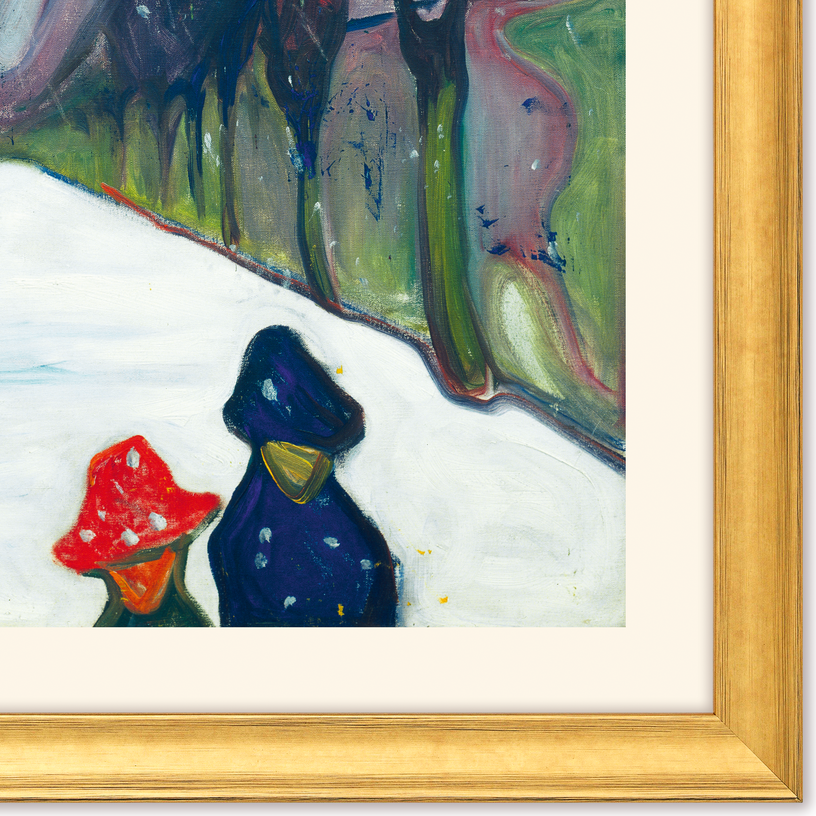 Der Kunstdruck "Allee im Schneegestöber" aus Edvard Munchs Jahreszeiten-Zyklus zeigt eine verschneite Straße, gesäumt von dunklen Bäumen und zwei stilisierten, in kräftigen Farben gehaltenen Personenfiguren im Vordergrund, eingerahmt von einem goldenen Rahmen.