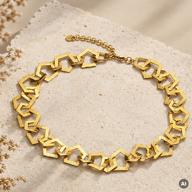Das Bild zeigt das Collier »Rosa« von Ars mundi, bestehend aus miteinander verbundenen geometrischen, eckigen Gliedern aus 22 Karat vergoldetem Messing. Die goldfarbene Kette liegt dekorativ auf einem beigen Stoff und wirkt edel sowie modern-anspruchsvoll.