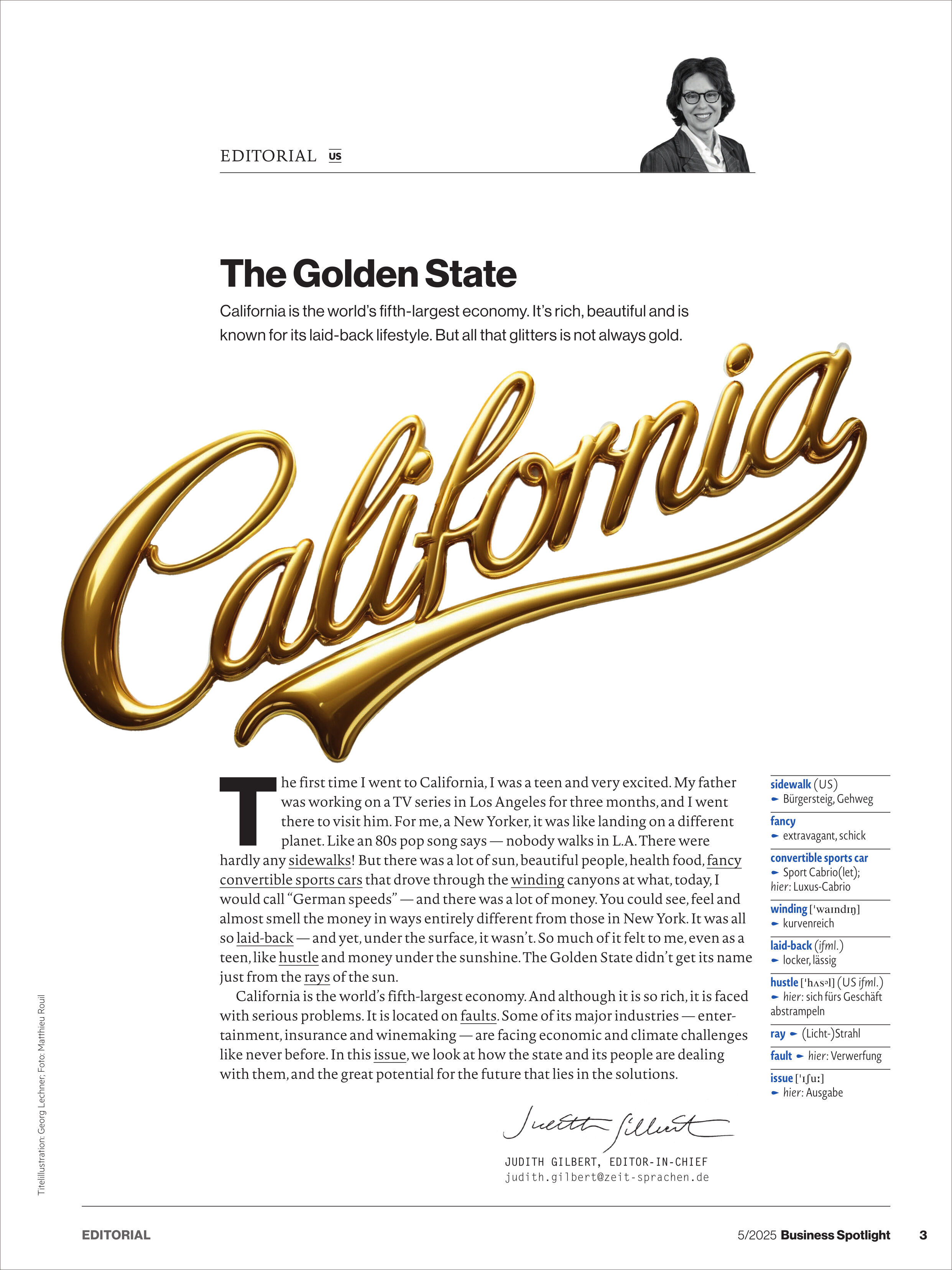 Titelblatt der Business Spotlight Magazin Ausgabe 5/2025 mit dem Thema Kalifornien, goldene Schrift auf weißem Hintergrund, Wirtschaft und Lifestyle im Vordergrund, journalistische Inhalte für Geschäftspersonen.