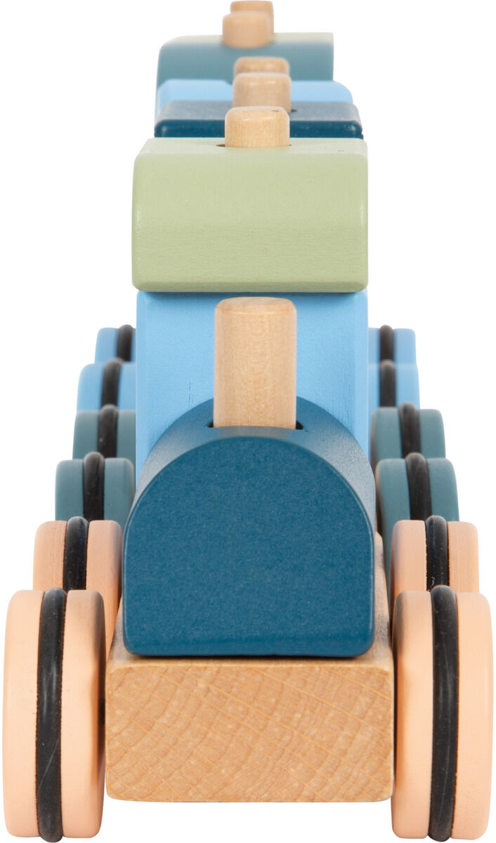 Ein Holzzug-Spielzeug in verschiedenen Farben, darunter blau, grün und holzfarben, mit mehreren Wagen und schwarzen Rädern, ideal für Kleinkinder.