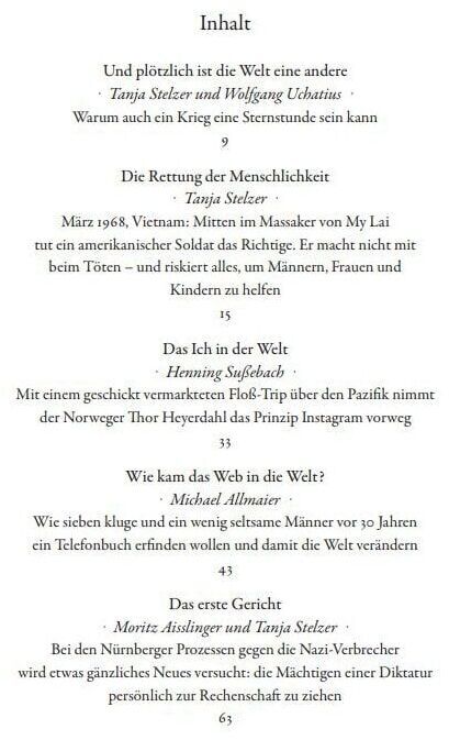 Inhaltsverzeichnis des Buches »Und plötzlich ist die Welt eine andere« von Tanja Stelzer und Wolfgang Uchatius, das verschiedene historische Ereignisse beschreibt. Der Text ist in schwarzer Schrift auf weißem Hintergrund druckt.