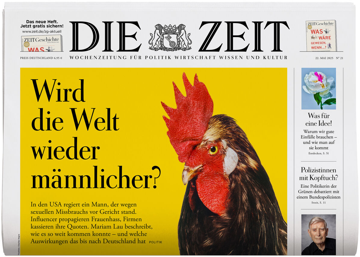 Titelseite der Wochenzeitung DIE ZEIT mit einer Illustration eines Hahns und dem Titel 'Wird die Welt wieder männlicher?'.