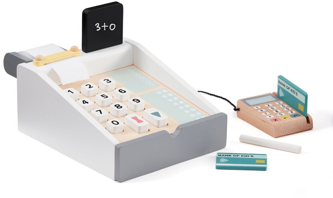 Eine Holzspielkasse mit Tafel, Kreditkarten, und Spielkassengerät. Ideal für Kinder, um Mathematik und Rollenspiele zu lernen.