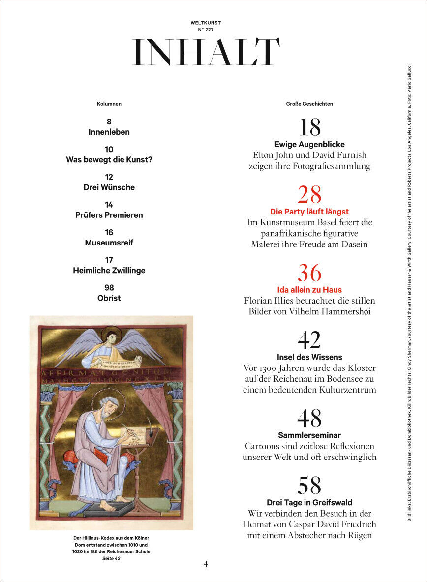 Seite eines WELTKUNST-Magazins mit einem Inhaltsverzeichnis. Oben steht 'Inhalt' und unten auf der Seite sind verschiedene Artikel und ihre Seitennummern aufgelistet. Einige Artikel sind rot hervorgehoben.