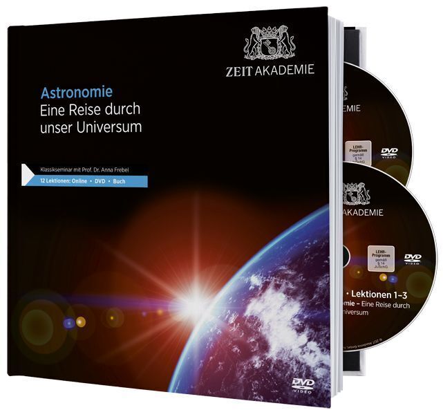 Das Bild zeigt das Produkt '»Astronomie«-Seminar' der Zeit Akademie. Es besteht aus einem Buch und zwei DVDs. Der Bucheinband ist dunkel mit einem Bild von Planeten und Sternen darauf.