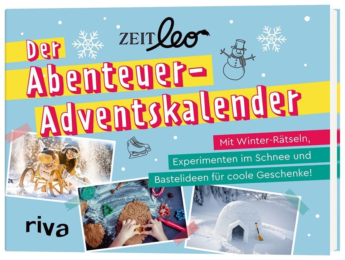 Das Bild zeigt das Produkt 'ZEIT LEO – Der Abenteuer-Adventskalender'. Das Cover ist blau mit farbigen Streifen in Gelb, Rot und Grün. Es zeigt winterliche Szenen, darunter Kinder, die im Schnee spielen, und Bastelprojekte. Auf dem Cover sind außerdem Schneemann-Illustrationen, sowie Text über Winterrätsel, Experimente im Schnee und Bastelideen zu erkennen. Das Logo der Zeitschrift 'ZEIT LEO' und das Verlagslogo 'riva' sind ebenfalls sichtbar.