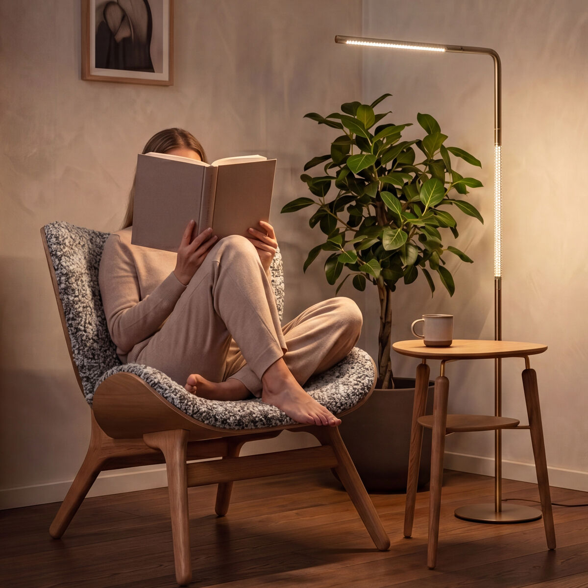 In einem stilvoll eingerichteten Wohnzimmer sitzt eine Person entspannt in einem modernen Sessel und liest, beleuchtet von der Stehleuchte »Omni« von Umage in gebürstetem Messing. Neben ihr steht ein runder Beistelltisch mit Tasse und Pflanze, Wandbilder und Vorhänge ergänzen das Ambiente.