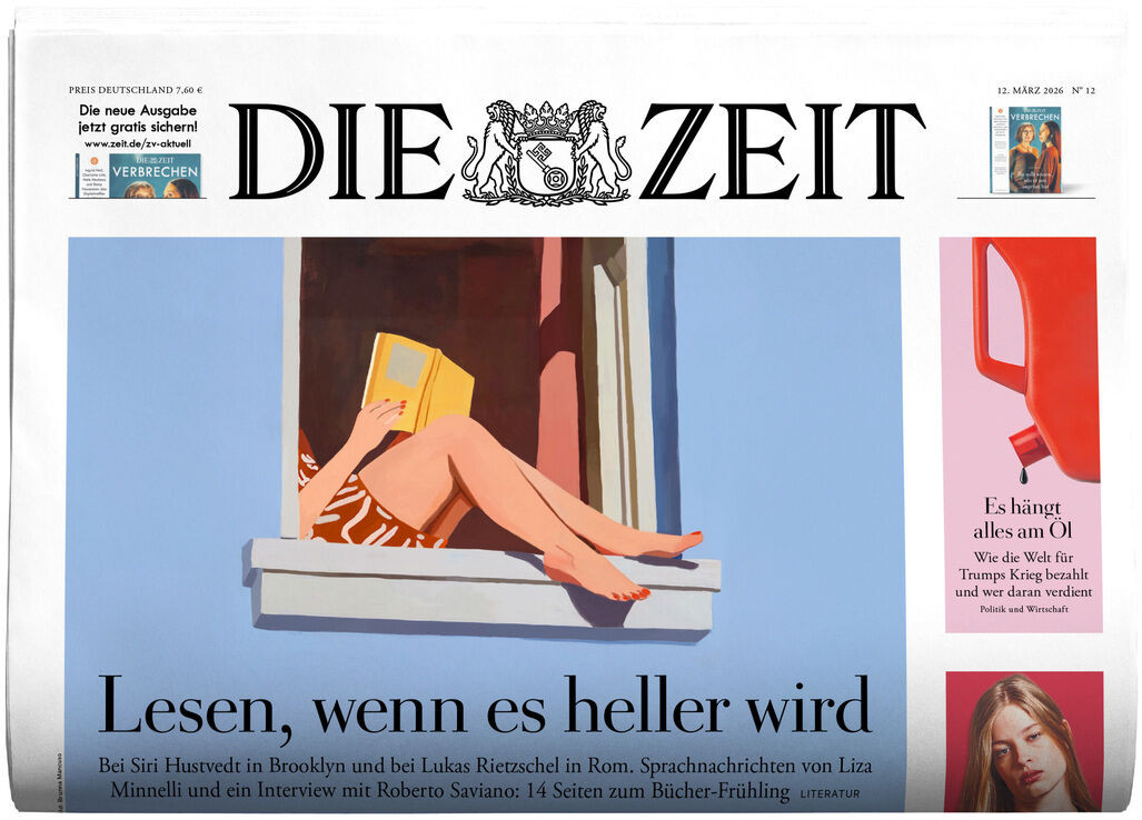 Titelblatt der Wochenzeitung DIE ZEIT 12/2026. Eine Illustration zeigt eine Person mit Buch auf dem Fensterbrett, Beine nach draußen gestreckt. Klare, helle Farben dominieren. Unten der Titel: 'Lesen, wenn es heller wird', daneben kleine Anzeigen und Vorschaubilder.