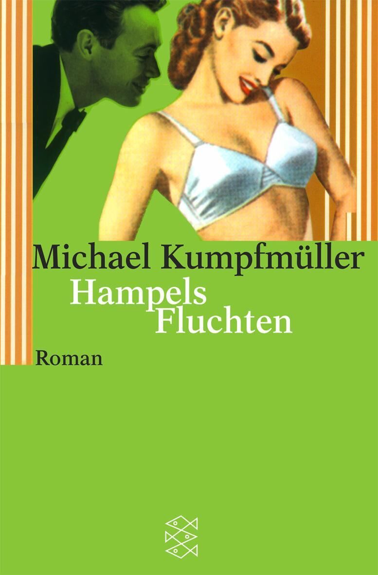 Das Bild zeigt das Buchcover des Romans 'Hampels Fluchten' von Michael Kumpfmüller. Auf dem Cover ist eine Illustration von einem Mann und einer Frau zu sehen. Der Hintergrund ist grün, und es gibt Elemente in Weiß, Schwarz, Beige und Blau. Der Titel des Buches ist in weißen Buchstaben geschrieben.