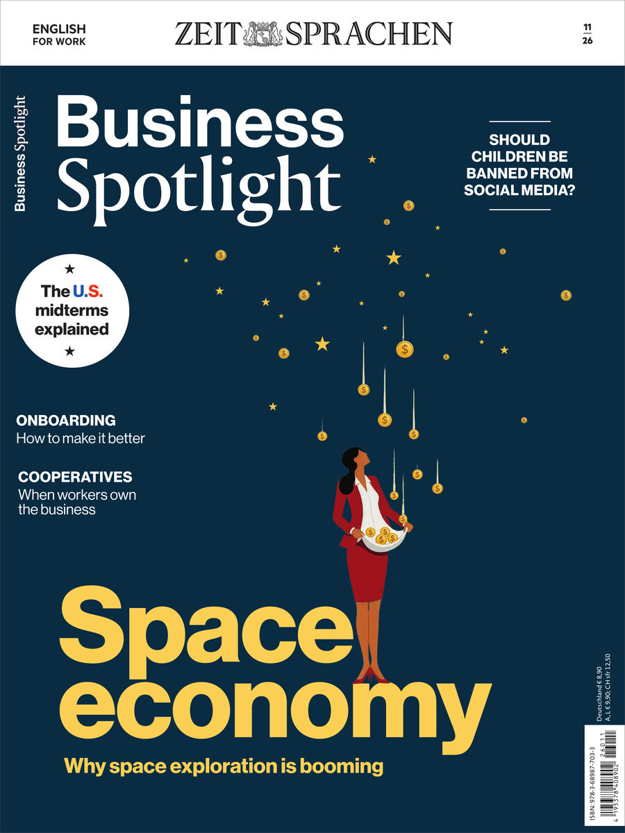 Cover des Magazins „Business Spotlight“ von ZEIT SPRACHEN, Ausgabe 11/2026. Auf dunkelblauem Grund schwebt eine Frau im roten Kleid unter gelben Sternen und Planeten; groß steht „Space economy“. Weitere Themen: Kinder und Social Media, Onboarding, Kooperationen und US-Zwischenwahlen.