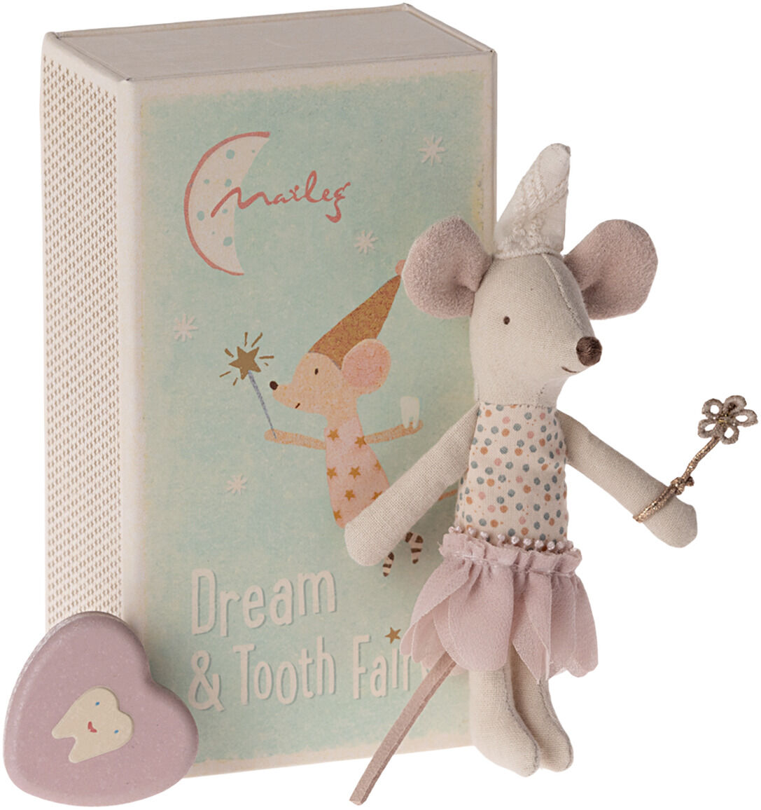 Eine Zahndose in Form einer Maus, die in einer dekorativen Box steht. Die Maus trägt ein rosafarbenes Outfit und hält einen kleinen Zauberstab. Die Box ist mit einem traumhaften Zahnmotiv verziert und hat die Aufschrift 'Dream & Tooth Fairy'.