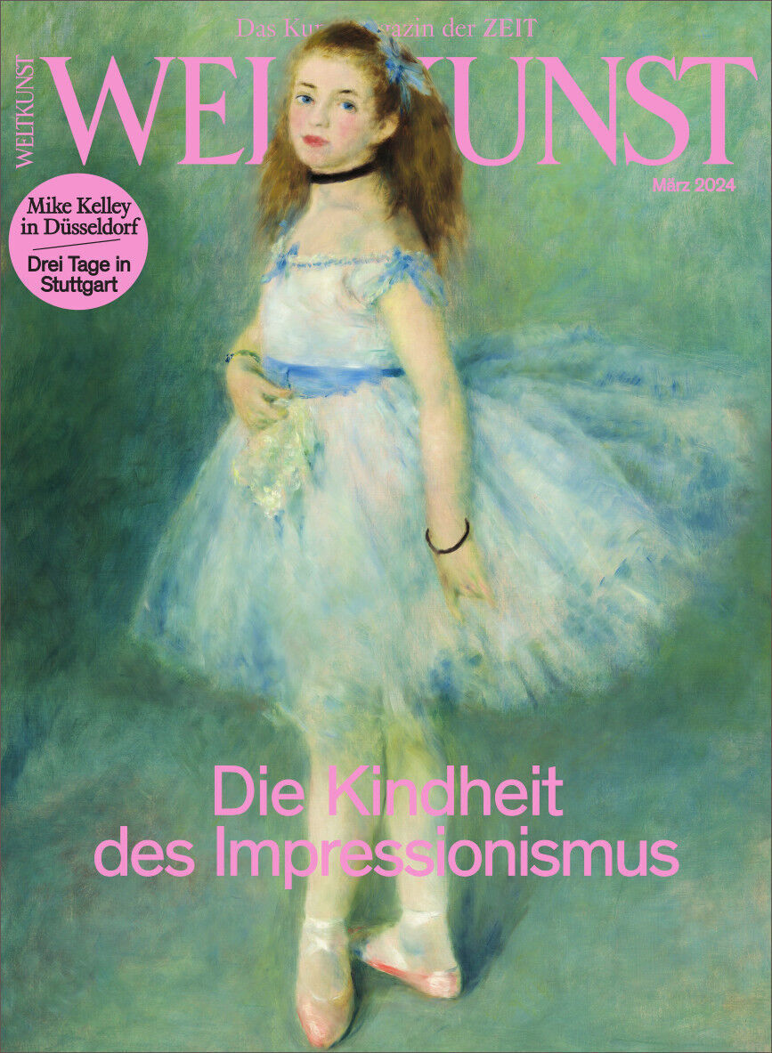 Cover des Magazins WELTKUNST mit dem Titel 'Die Kindheit des Impressionismus'. Das Bild zeigt eine junge Tänzerin in einem blauen Ballettkleid vor einem impressionistischen Hintergrund. Die Hauptfarben des Bildes sind Blau, Grün, Rosa und Weiß.