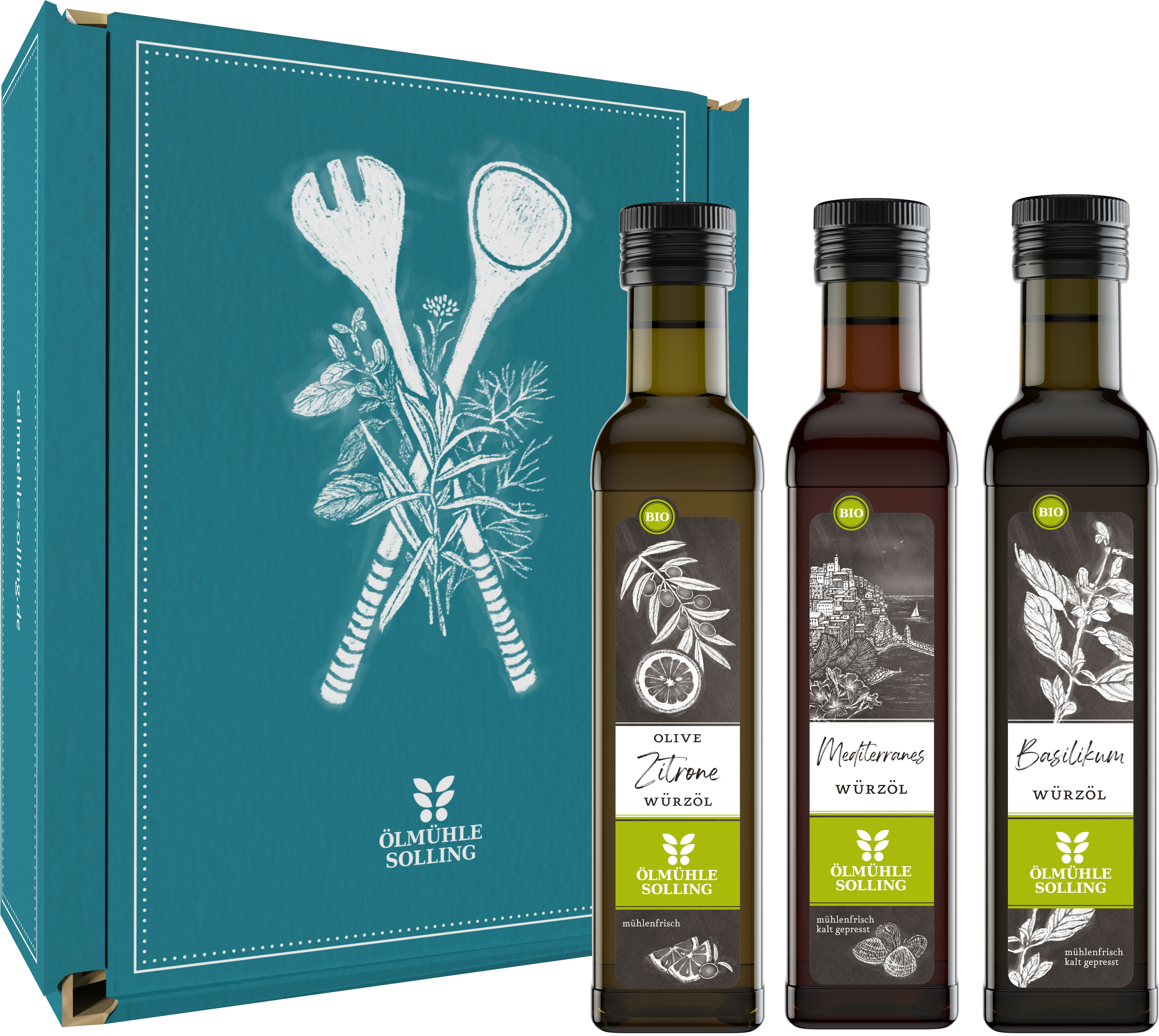 Geschenkset mit drei Flaschen mediterranem Bio-Würzöl à 250 ml, einer türkisfarbenen Verpackung mit Kochutensilien-Illustration und den Sorten Olive-Zitrone, Mediterranes und Basilikum, geeignet als edles Präsent für Feinschmecker und Kochbegeisterte.