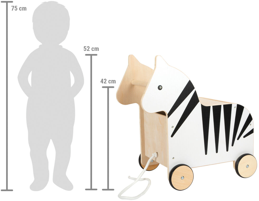 Holzspielzeugkiste in Form eines Zebras mit Rollen, ideal für die Aufbewahrung von Kinderspielzeug. Die Kiste ist in Schwarz-Weiß gestaltet und hat ein natürliches Holzfinish. Geeignet für Kinderzimmer und Kleinkinder.