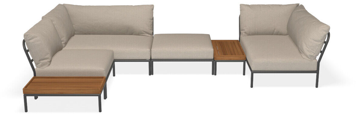 Ecksofa Lounge LEVEL 2, Corner links mit grauer Polsterung, Stahlrahmen und zwei integrierten Holztischen.