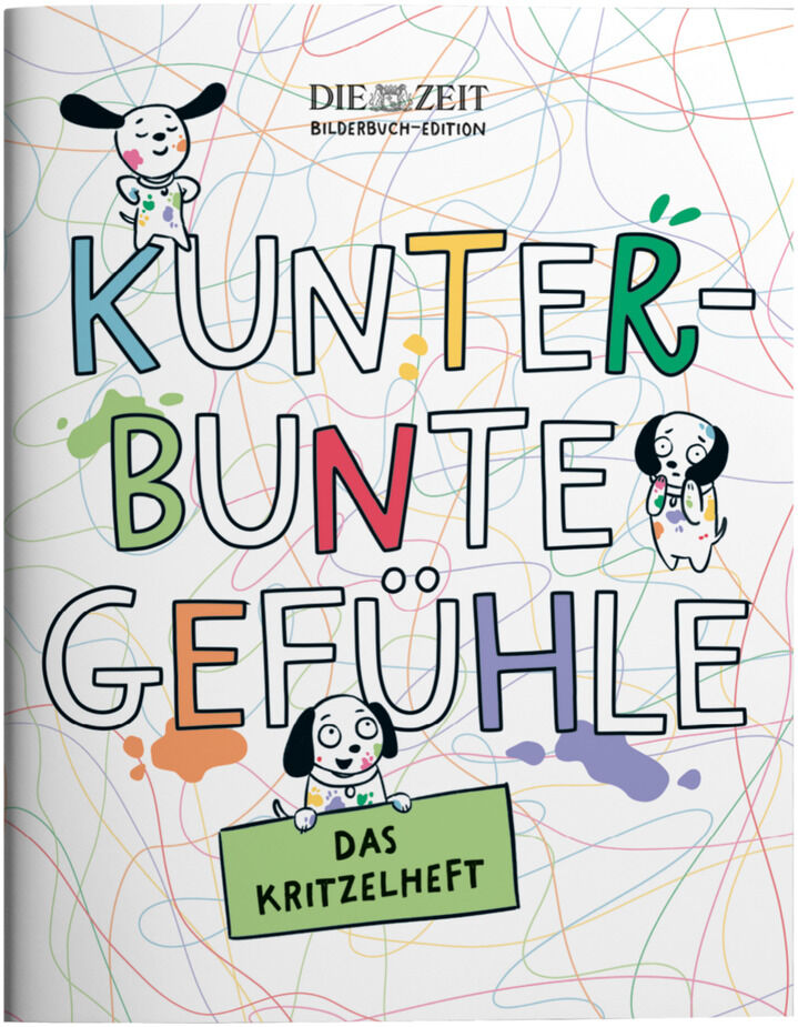 Das Bild zeigt das Buch »Kunterbunte Gefühle - Das Kritzleheft« der ZEIT-Edition. Das Cover ist farbenfroh gestaltet, mit gezeichneten Figuren und bunten Kritzeleien auf weißem Hintergrund.