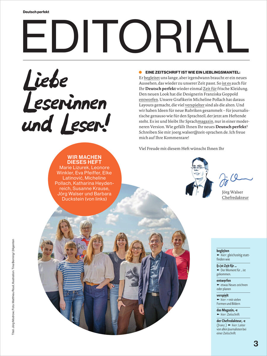 Titelseite des Editorials des „Deutsch perfekt Magazin 10/2026“, mit großem Schriftzug „EDITORIAL“, handschriftlichem Gruß, Teamfoto von zehn Personen vor Himmel und Bäumen, einem orangefarbenen Kreis mit Teaminfos und einer Porträtzeichnung des Chefredakteurs rechts oben.