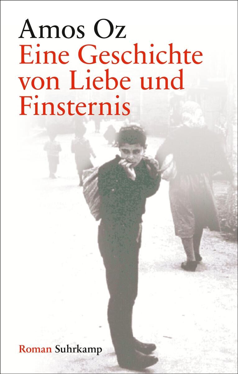 Buchcover von 'Eine Geschichte von Liebe und Finsternis' von Amos Oz. Das Cover zeigt ein schwarz-weiß Bild eines Jungen in Straßenkleidung, der zur Kamera schaut. Im Hintergrund sind unscharf gehende Menschen zu sehen. Der Titel ist in roter Schrift oben auf dem Cover platziert.