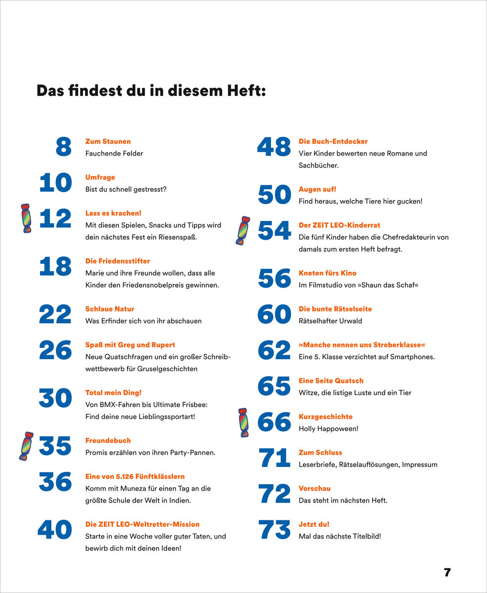 Bunt gestaltetes Inhaltsverzeichnis der Kinderzeitschrift ZEIT LEO 5/26 mit Seitenzahlen in Blau und Orange. Themen umfassen Spiele, Feste, Kino, Streberklasse, Friedensstifter, Rätsel und Buch-Empfehlungen. Für Kinder von 7 bis 13 Jahren geeignet.
